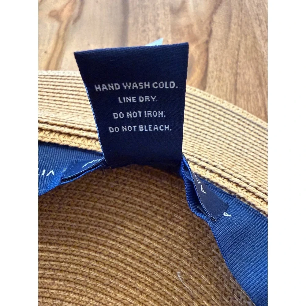 Adrienne Vittadini Tan Paper‎ Straw Sun Hat Navy Blue White Ribbon Rhinestones